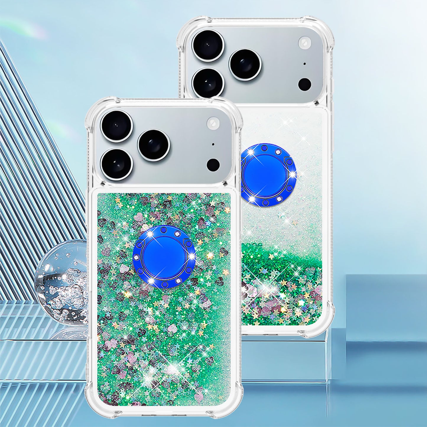 For iPhone 17 Pro Max TPU Case with Kickstand Quicksand Shockproof Cover - Green / Hearts