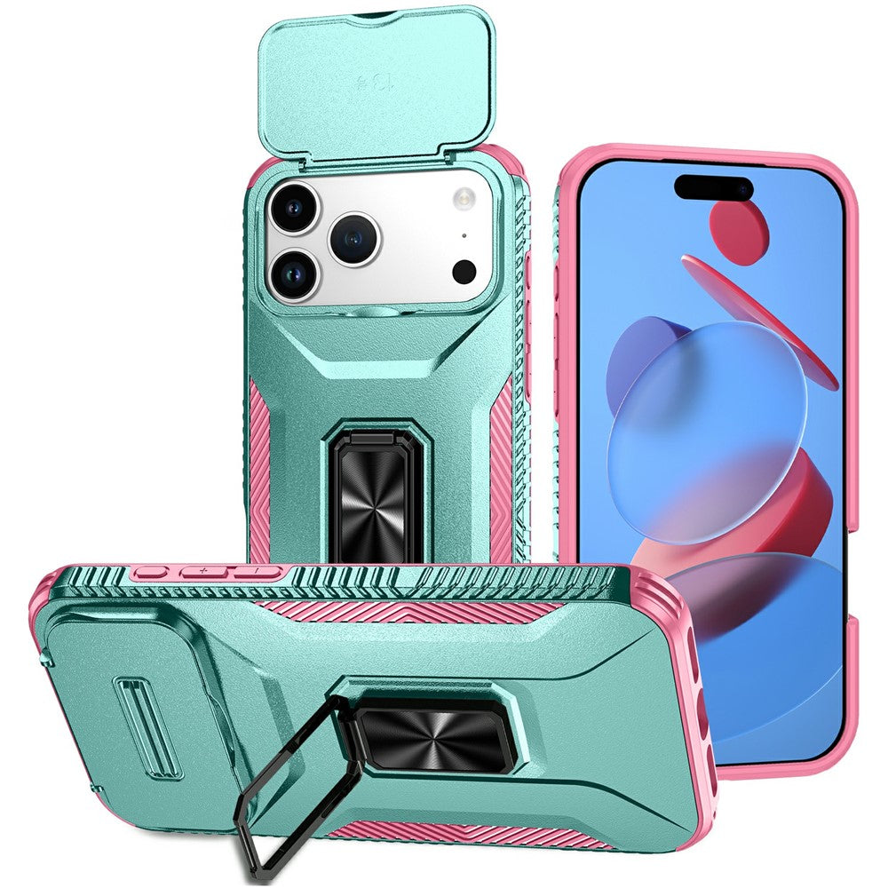 For iPhone 17 Pro Max Case Camshield Kickstand TPU + PC Anti-Slip Phone Cover - Green / Pink