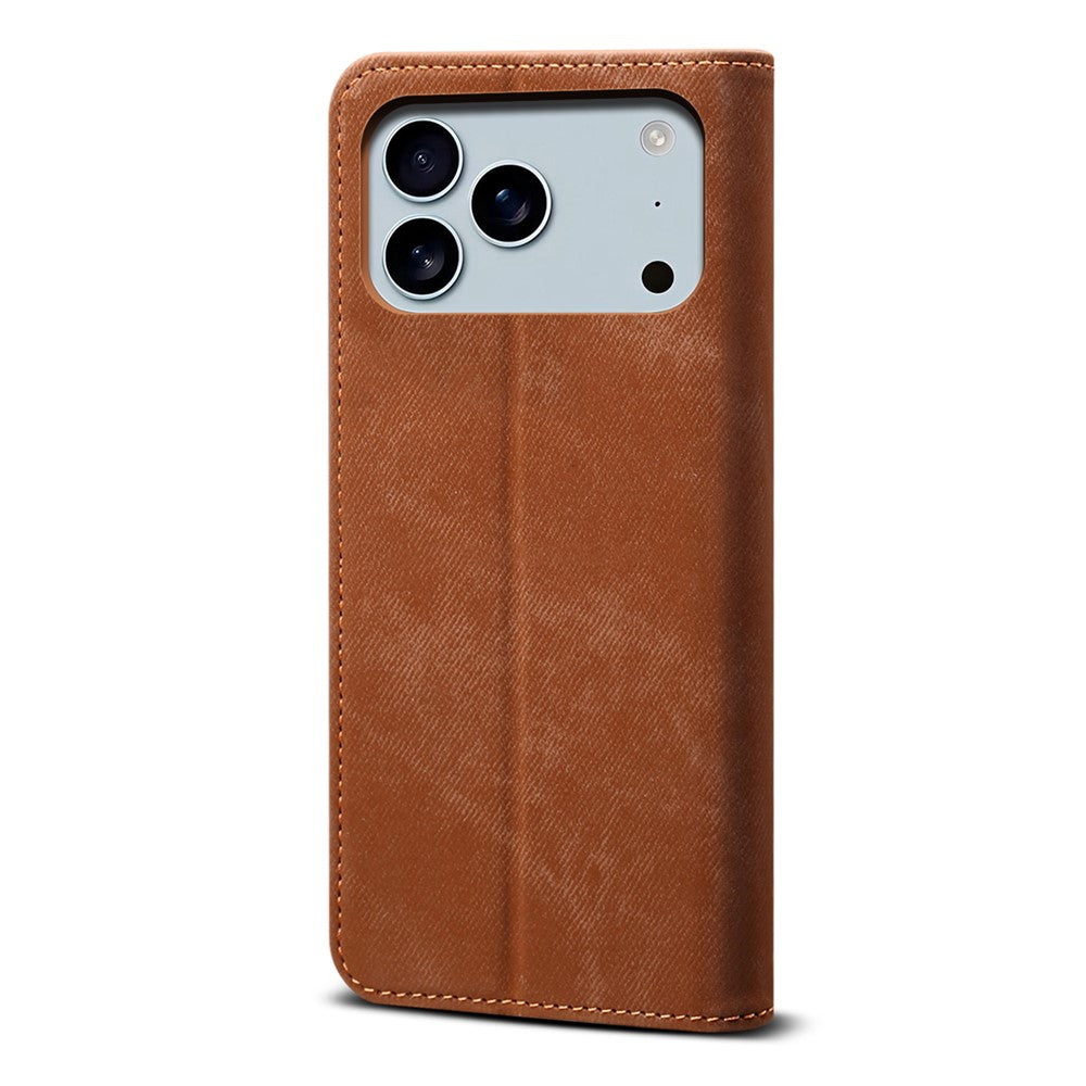 For iPhone 17 Pro Max Case Jeans Cloth Texture Anti-Scratch Leather Stand Phone Cover - Coffee