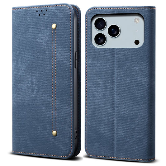 For iPhone 17 Pro Max Case Jeans Cloth Texture Anti-Scratch Leather Stand Phone Cover - Blue