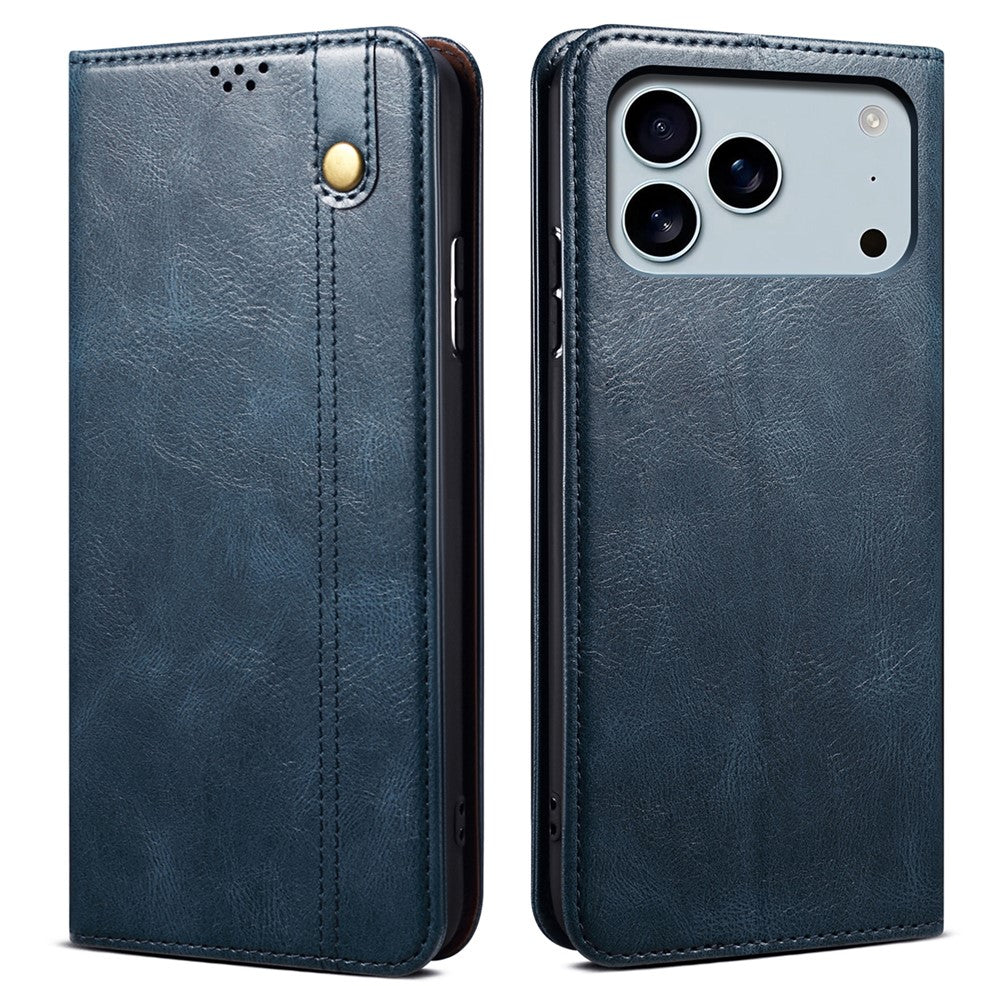 For iPhone 17 Pro Max Case Crazy Horse Texture Waxy Leather Wallet Stand Phone Cover - Blue