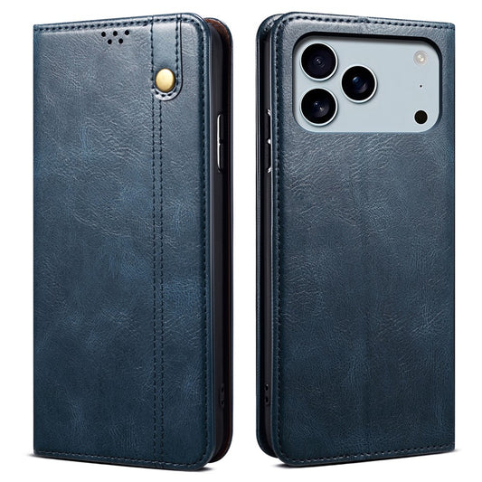 For iPhone 17 Pro Max Case Crazy Horse Texture Waxy Leather Wallet Stand Phone Cover - Blue