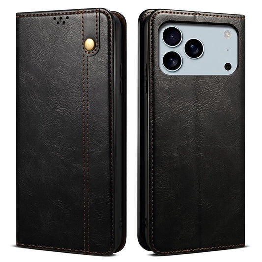 For iPhone 17 Pro Max Case Crazy Horse Texture Waxy Leather Wallet Stand Phone Cover - Black