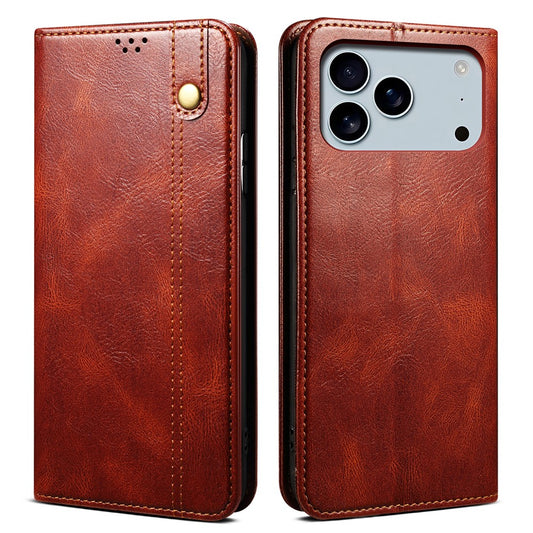 For iPhone 17 Pro Max Case Crazy Horse Texture Waxy Leather Wallet Stand Phone Cover - Brown