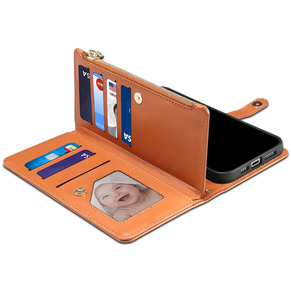 ESEBLE Galaxy Series For iPhone 17 Pro Max Case RFID Blocking Leather Zipper Phone Cover with Shoulder Strap + Wrist Strap - Brown