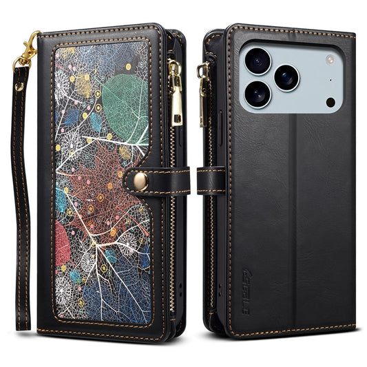 ESEBLE Galaxy Series For iPhone 17 Pro Max Case RFID Blocking Leather Zipper Phone Cover with Shoulder Strap + Wrist Strap - Black