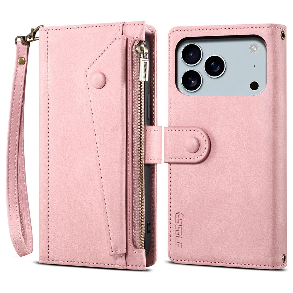 ESEBLE Star Series For iPhone 17 Pro Max Case Zipper Wallet Leather Stand Phone Cover with Wrist Strap - Rose Gold