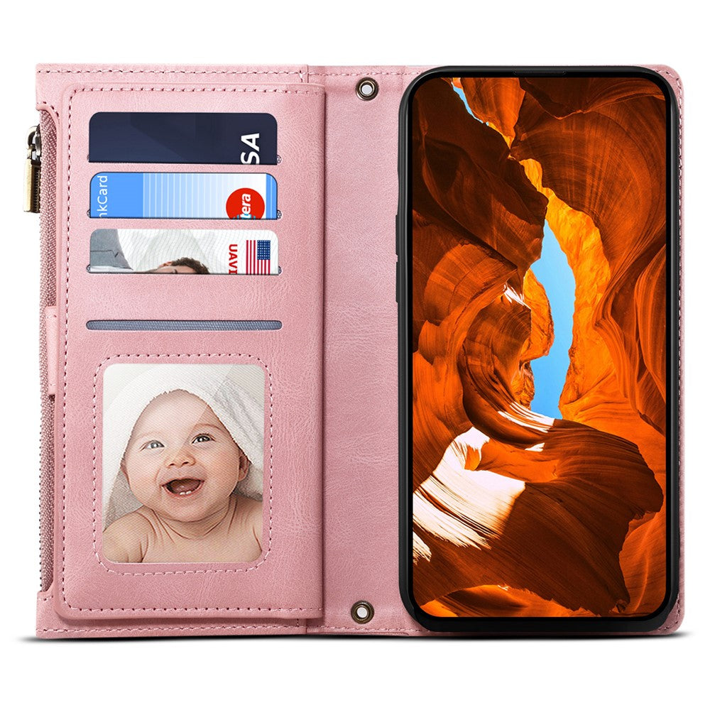 ESEBLE Star Series For iPhone 17 Pro Max Case Zipper Wallet Leather Stand Phone Cover with Wrist Strap - Rose Gold