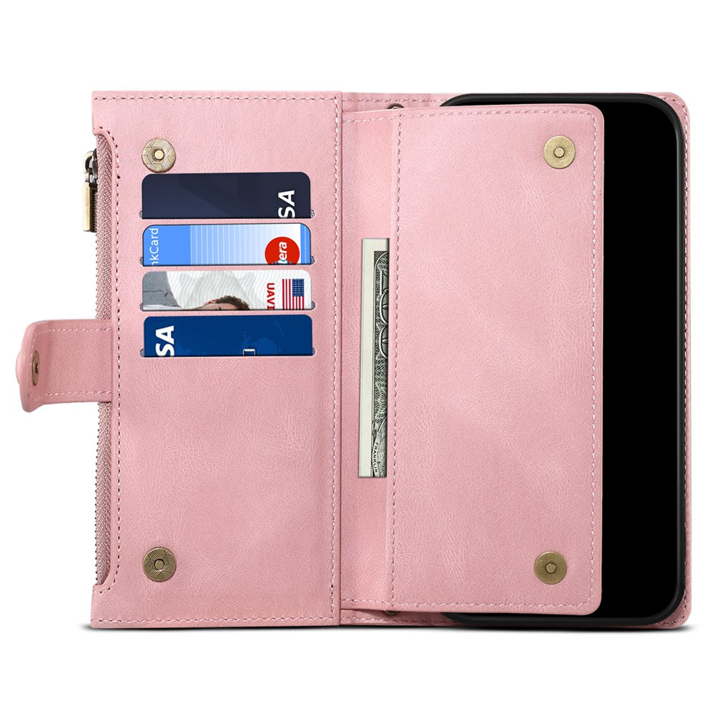 ESEBLE Star Series For iPhone 17 Pro Max Case Zipper Wallet Leather Stand Phone Cover with Wrist Strap - Rose Gold