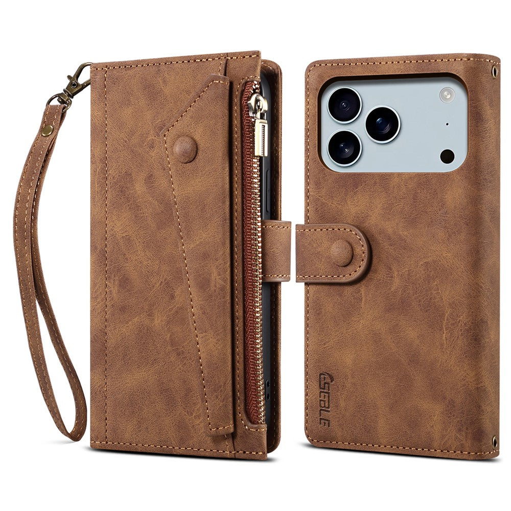 ESEBLE Star Series For iPhone 17 Pro Max Case Zipper Wallet Leather Stand Phone Cover with Wrist Strap - Brown