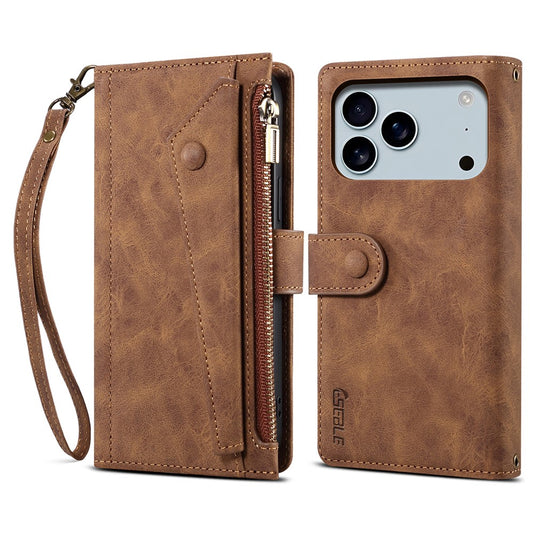ESEBLE Star Series For iPhone 17 Pro Max Case Zipper Wallet Leather Stand Phone Cover with Wrist Strap - Brown