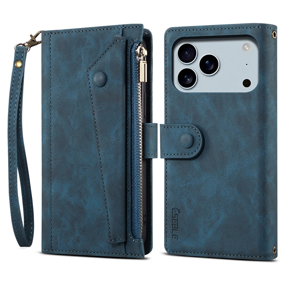ESEBLE Star Series For iPhone 17 Pro Max Case Zipper Wallet Leather Stand Phone Cover with Wrist Strap - Blue