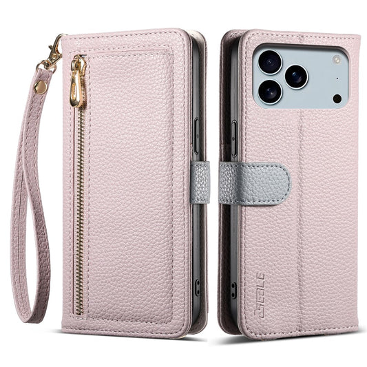 ESEBLE E11 For iPhone 17 Pro Max Case Zipper Pocket Litchi Texture Leather Phone Cover with Mirror and Wrist Strap - Light Purple