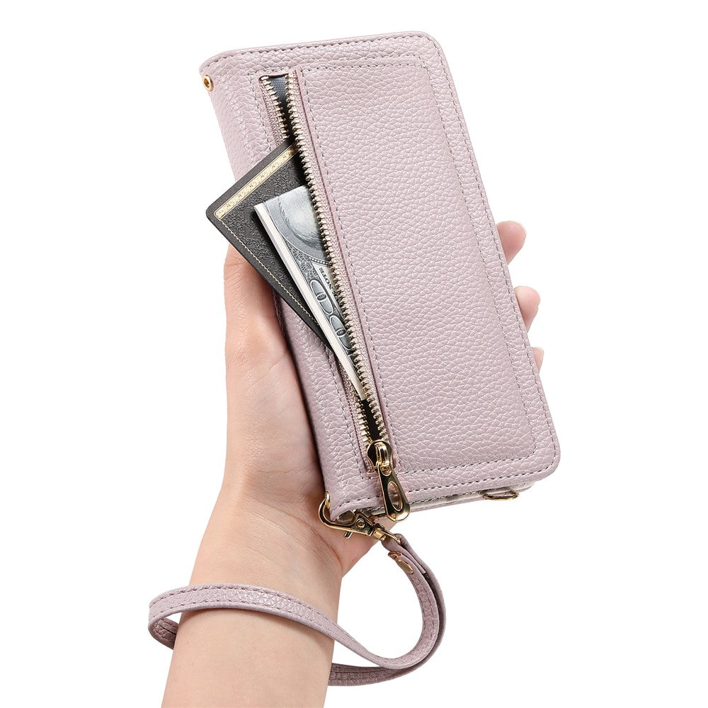 ESEBLE E11 For iPhone 17 Pro Max Case Zipper Pocket Litchi Texture Leather Phone Cover with Mirror and Wrist Strap - Light Purple