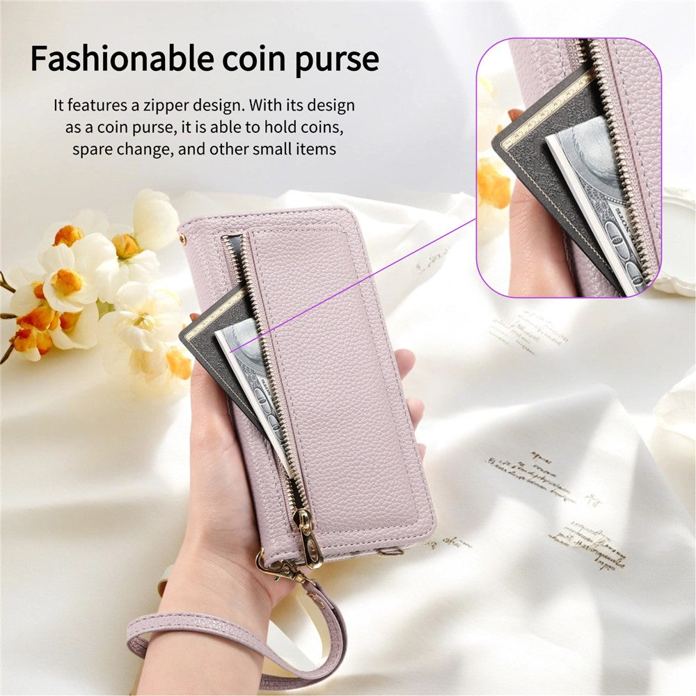 ESEBLE E11 For iPhone 17 Pro Max Case Zipper Pocket Litchi Texture Leather Phone Cover with Mirror and Wrist Strap - Light Purple