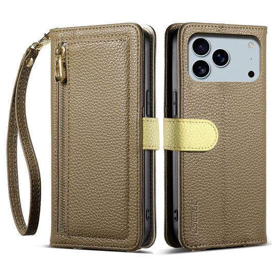 ESEBLE E11 For iPhone 17 Pro Max Case Zipper Pocket Litchi Texture Leather Phone Cover with Mirror and Wrist Strap - Brown