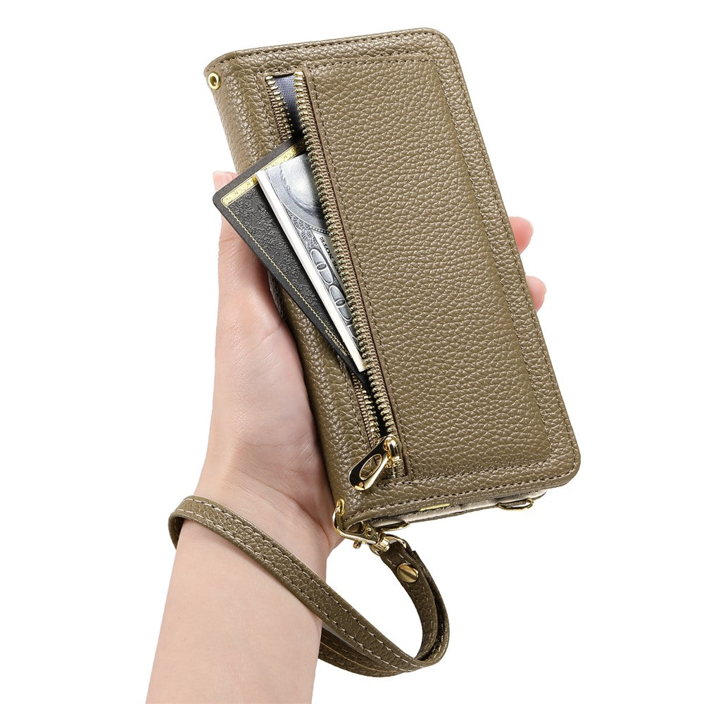 ESEBLE E11 For iPhone 17 Pro Max Case Zipper Pocket Litchi Texture Leather Phone Cover with Mirror and Wrist Strap - Brown