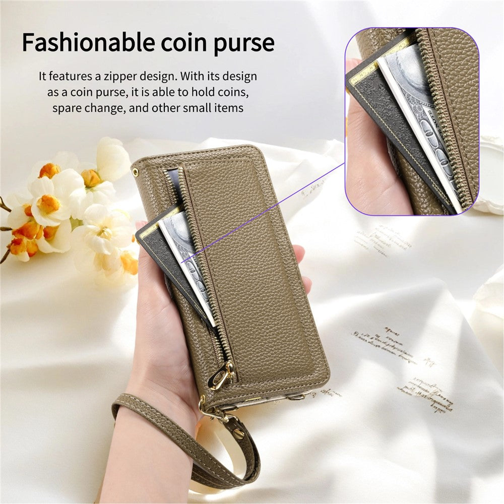 ESEBLE E11 For iPhone 17 Pro Max Case Zipper Pocket Litchi Texture Leather Phone Cover with Mirror and Wrist Strap - Brown