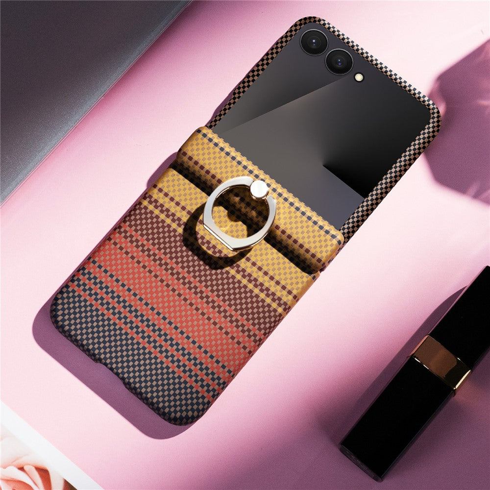 For Samsung Galaxy Z Flip7 5G Phone Case Ring Holder Kickstand PC Cover with Tempered Glass Screen Protector - Yellow