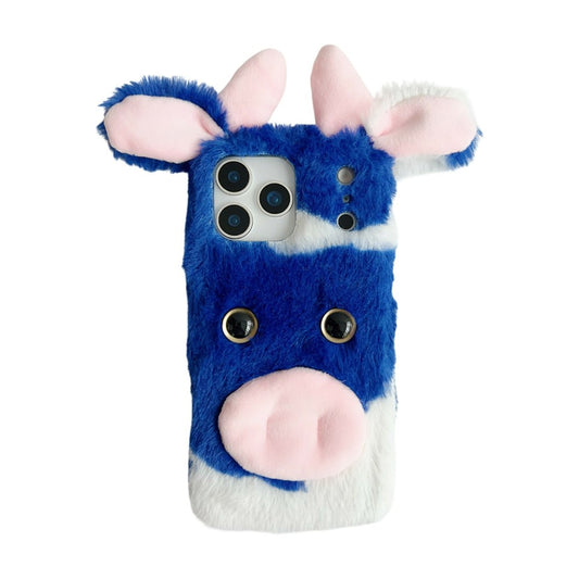 For iPhone 17 Pro Max Case Fluffy Cute Cow Winter Plush Inner TPU Phone Cover - Blue