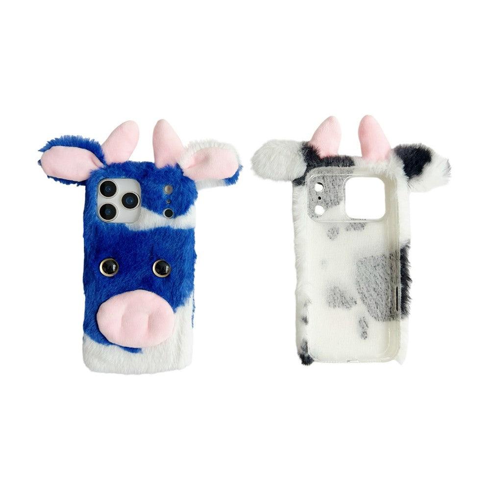 For iPhone 17 Pro Max Case Fluffy Cute Cow Winter Plush Inner TPU Phone Cover - Blue