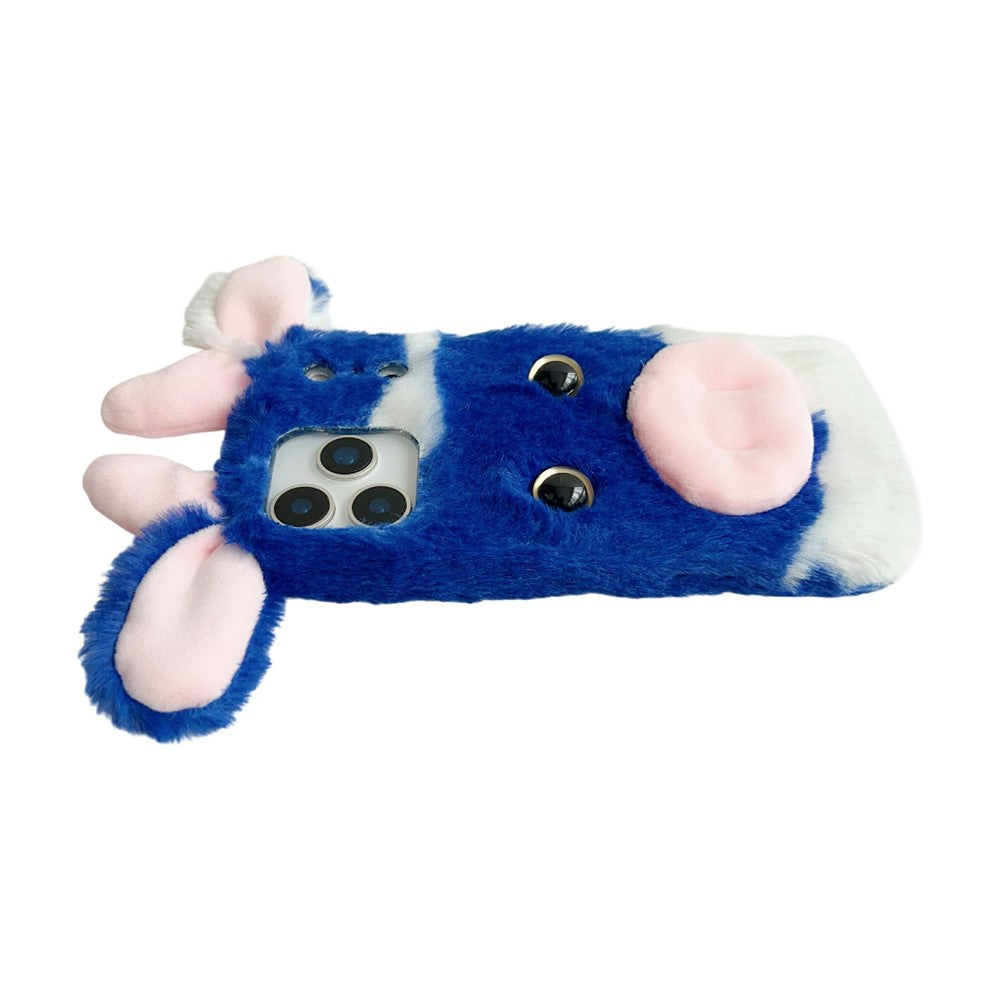 For iPhone 17 Pro Max Case Fluffy Cute Cow Winter Plush Inner TPU Phone Cover - Blue