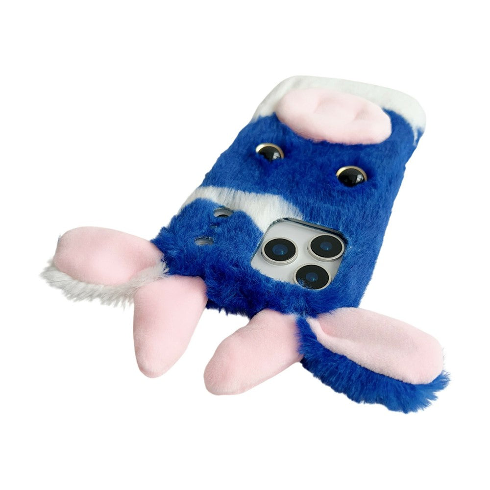 For iPhone 17 Pro Max Case Fluffy Cute Cow Winter Plush Inner TPU Phone Cover - Blue