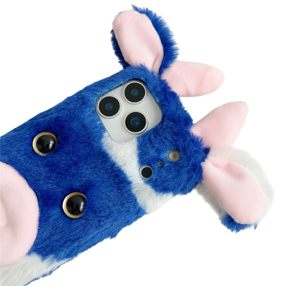 For iPhone 17 Pro Max Case Fluffy Cute Cow Winter Plush Inner TPU Phone Cover - Blue