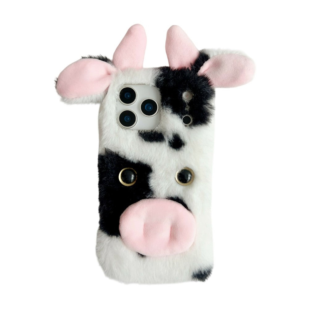 For iPhone 17 Pro Max Case Fluffy Cute Cow Winter Plush Inner TPU Phone Cover - Black