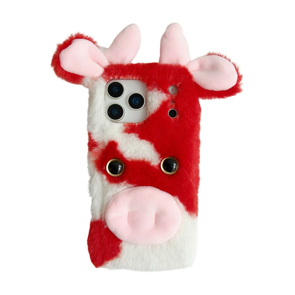 For iPhone 17 Pro Max Case Fluffy Cute Cow Winter Plush Inner TPU Phone Cover - Red