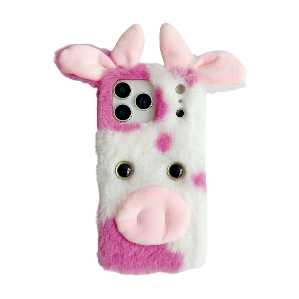 For iPhone 17 Pro Max Case Fluffy Cute Cow Winter Plush Inner TPU Phone Cover - Pink