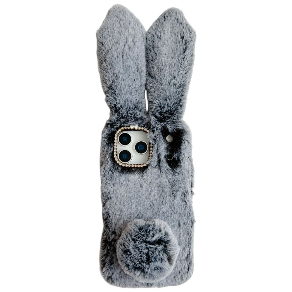 For iPhone 17 Pro Max Case Plush Cute Bunny Winter Fluffy TPU Phone Cover - Dark Grey