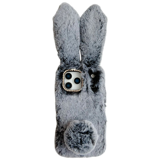 For iPhone 17 Pro Max Case Plush Cute Bunny Winter Fluffy TPU Phone Cover - Dark Grey