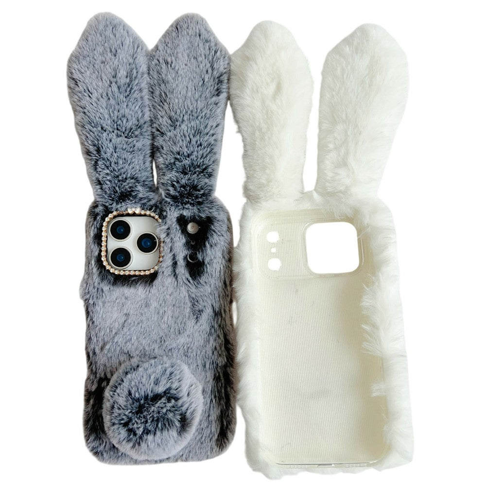 For iPhone 17 Pro Max Case Plush Cute Bunny Winter Fluffy TPU Phone Cover - Dark Grey