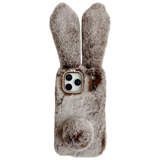For iPhone 17 Pro Max Case Plush Cute Bunny Winter Fluffy TPU Phone Cover - Brown