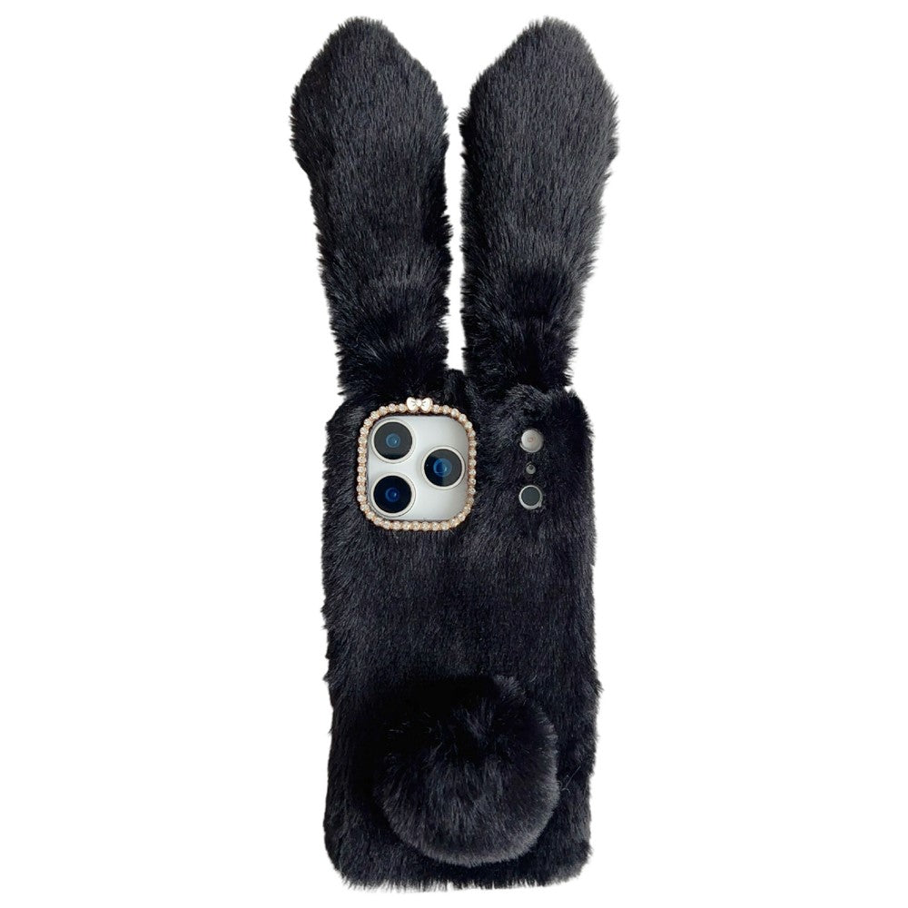 For iPhone 17 Pro Max Case Plush Cute Bunny Winter Fluffy TPU Phone Cover - Black