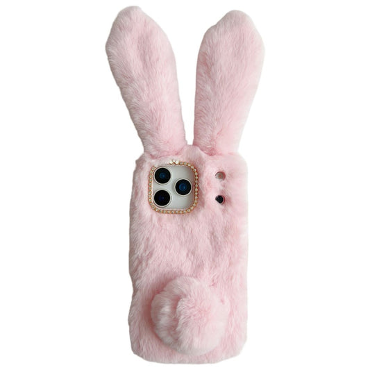 For iPhone 17 Pro Max Case Plush Cute Bunny Winter Fluffy TPU Phone Cover - Pink