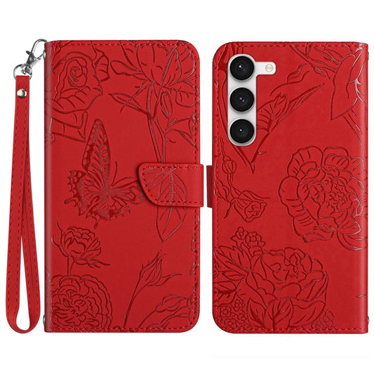 For Samsung Galaxy S23 HT03 Skin-touch PU Leather Wallet Case Stand Magnetic Closure Imprinted Butterfly Flowers Phone Cover with Strap - Red