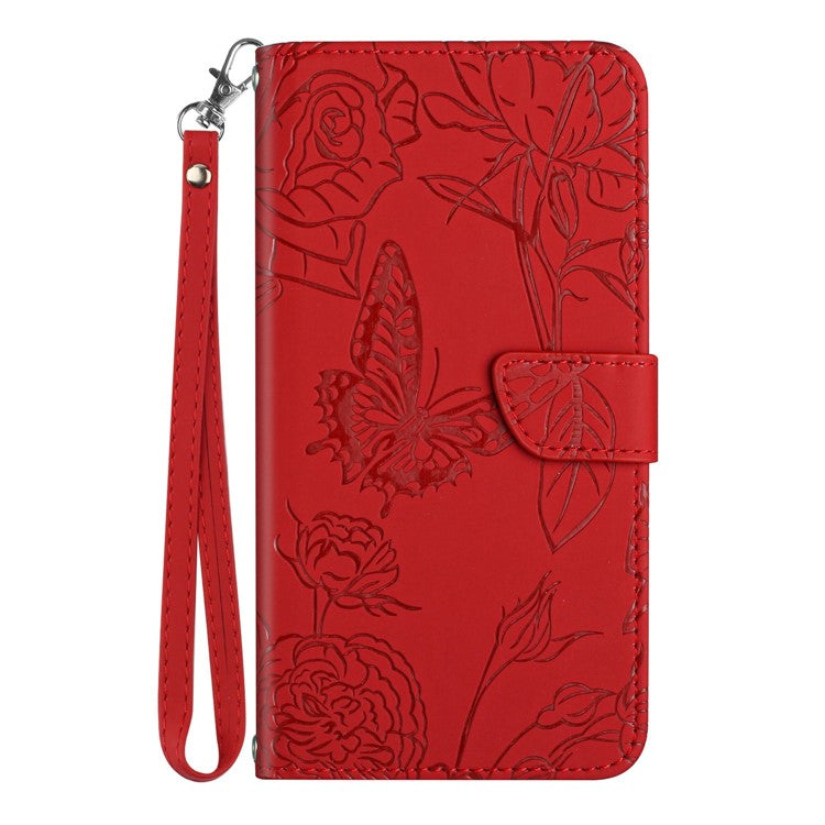 For Samsung Galaxy S23 HT03 Skin-touch PU Leather Wallet Case Stand Magnetic Closure Imprinted Butterfly Flowers Phone Cover with Strap - Red