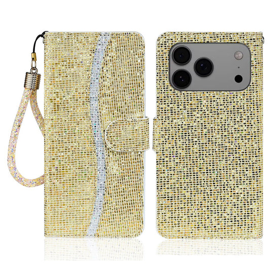 For iPhone 17 Pro Max Case PU Leather Wallet Card Slots Glitter Phone Cover - Gold