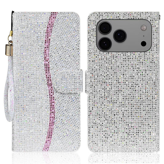 For iPhone 17 Pro Max Case PU Leather Wallet Card Slots Glitter Phone Cover - Silver