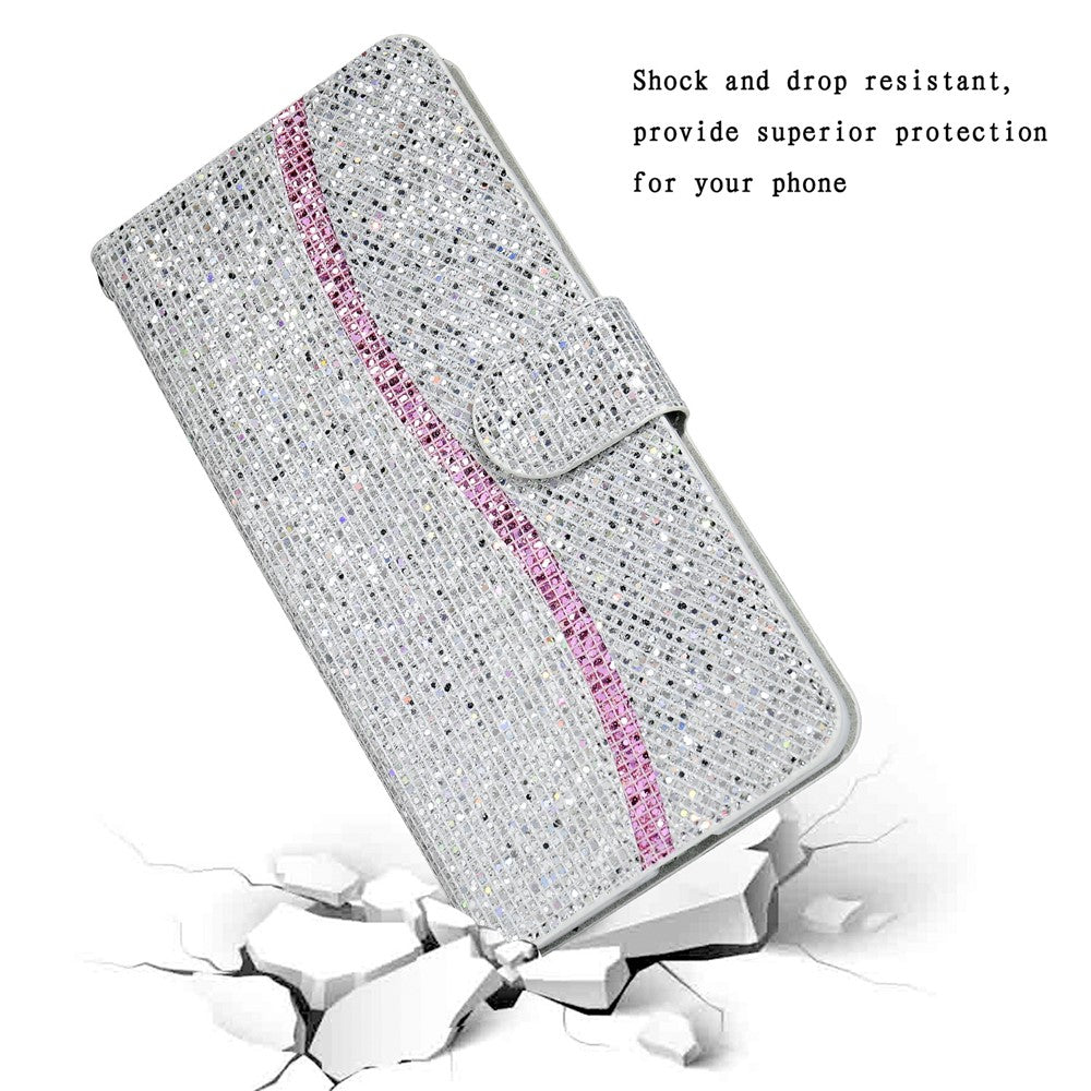 For iPhone 17 Pro Max Case PU Leather Wallet Card Slots Glitter Phone Cover - Silver