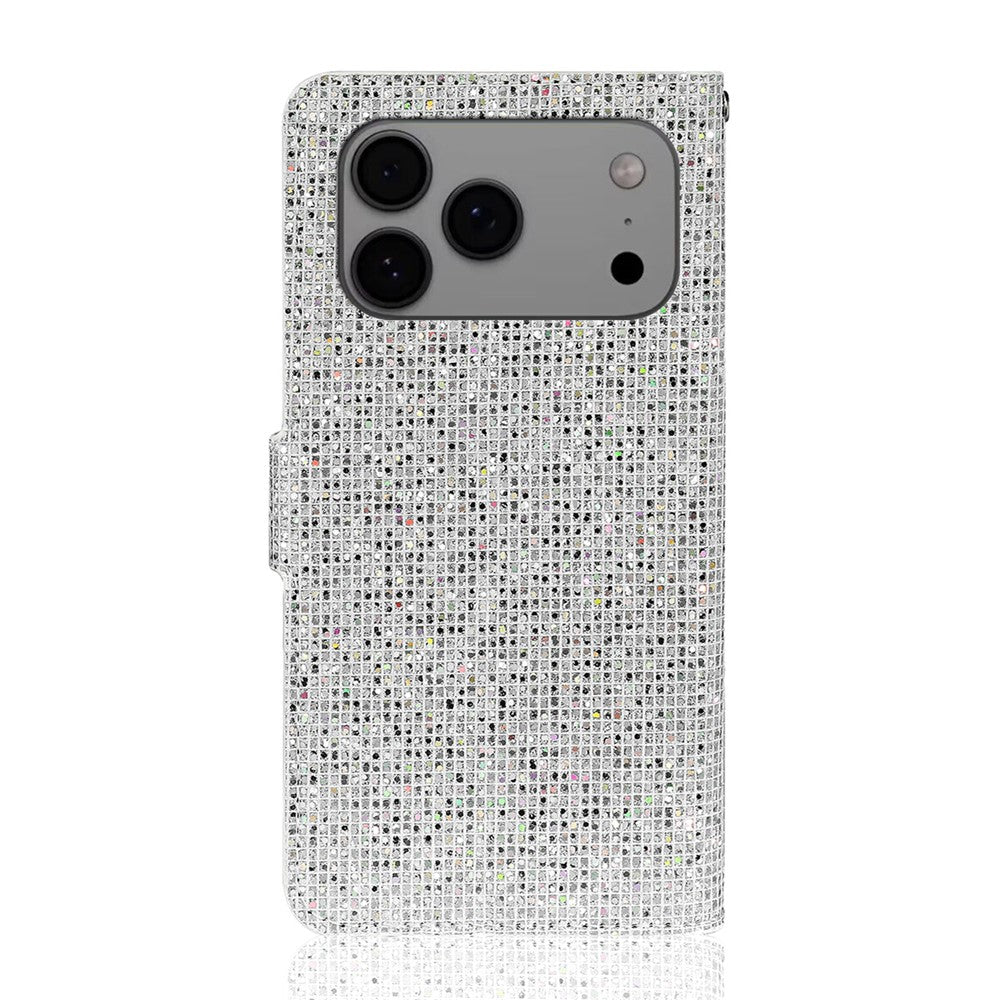 For iPhone 17 Pro Max Case PU Leather Wallet Card Slots Glitter Phone Cover - Silver
