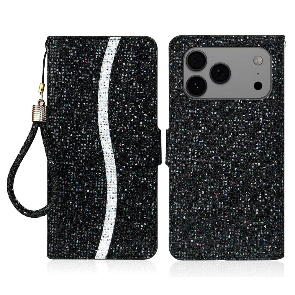 For iPhone 17 Pro Max Case PU Leather Wallet Card Slots Glitter Phone Cover - Black