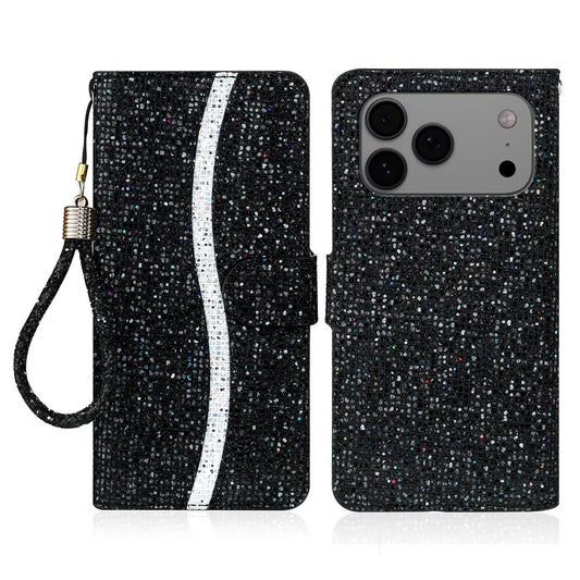 For iPhone 17 Pro Max Case PU Leather Wallet Card Slots Glitter Phone Cover - Black