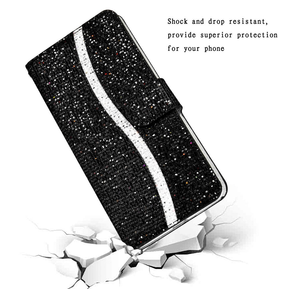 For iPhone 17 Pro Max Case PU Leather Wallet Card Slots Glitter Phone Cover - Black