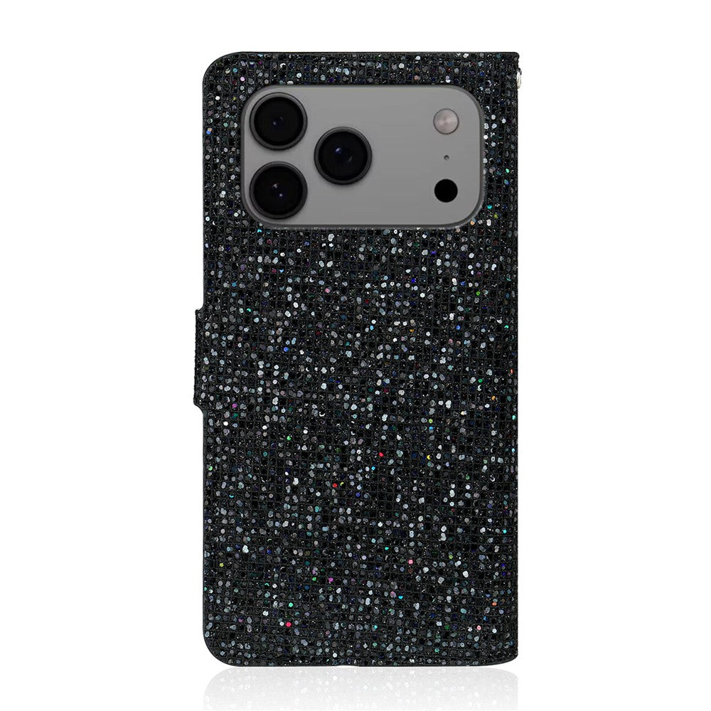For iPhone 17 Pro Max Case PU Leather Wallet Card Slots Glitter Phone Cover - Black