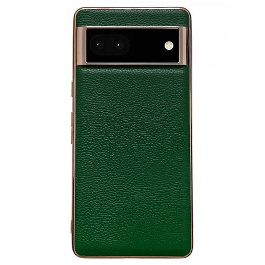 For Google Pixel 6a Anti-collision Litchi Texture Genuine Leather Coated TPU Phone Case Nano Electroplating Cell Phone Back Cover - Green