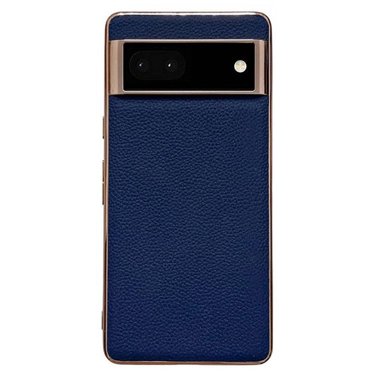 For Google Pixel 6a Anti-collision Litchi Texture Genuine Leather Coated TPU Phone Case Nano Electroplating Cell Phone Back Cover - Sapphire