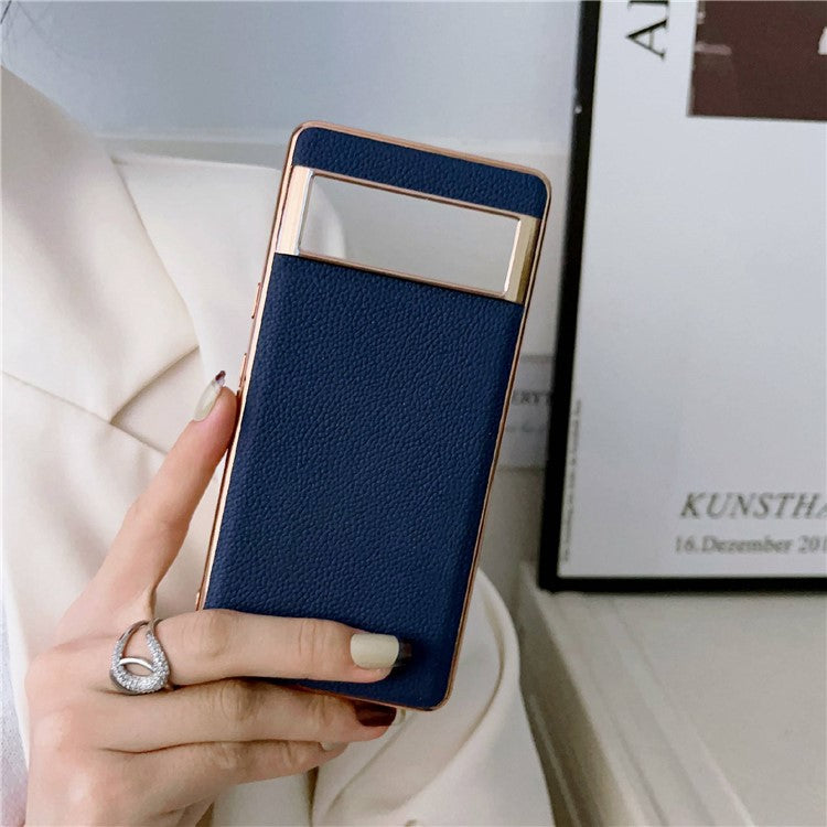 For Google Pixel 6a Anti-collision Litchi Texture Genuine Leather Coated TPU Phone Case Nano Electroplating Cell Phone Back Cover - Sapphire
